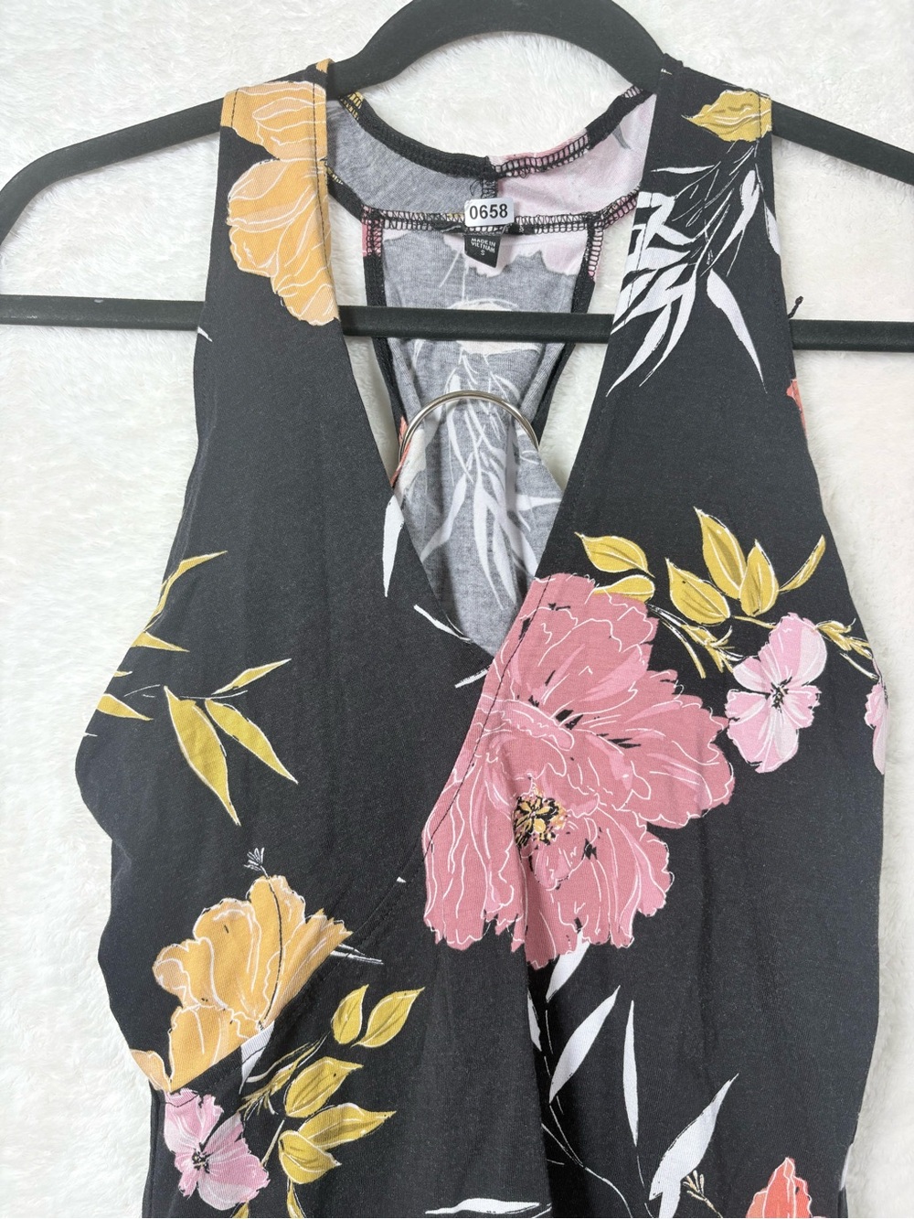 Guess Black Floral Ring-back Camisole with Pink & Mustard Blooms